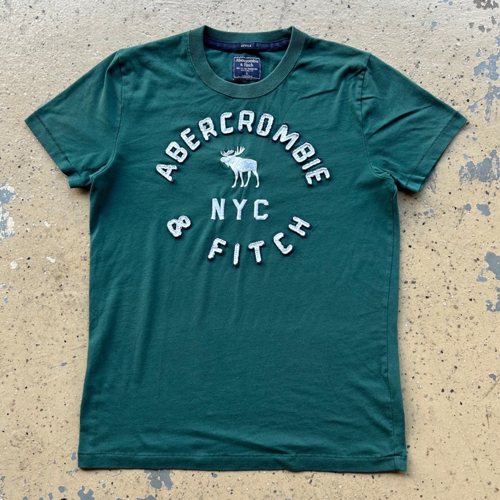 Y2K Abercrombie & Fitch Mens Muscle Fit T-Shirt Green Chenille Logo Moose Small